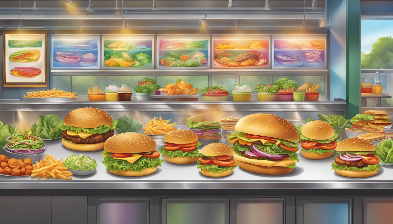 A colorful menu board displays vibrant images of fresh salads, grilled chicken sandwiches, and veggie burgers alongside classic burgers and fries