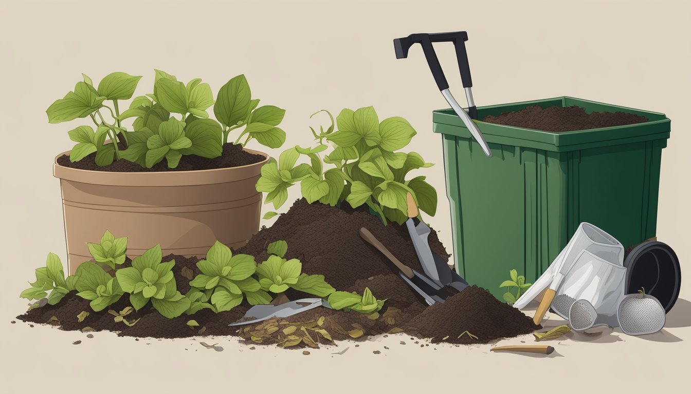 A pile of hellebore leaves and other organic waste decaying in a compost bin, surrounded by gardening tools and a composting guide