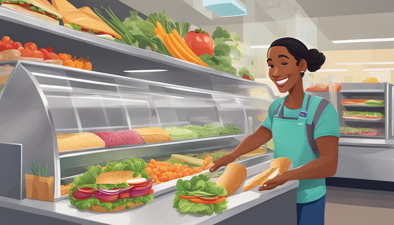 A sandwich artist carefully selects fresh, colorful ingredients from a selection of vibrant vegetables and lean proteins at a Jersey Mike's counter