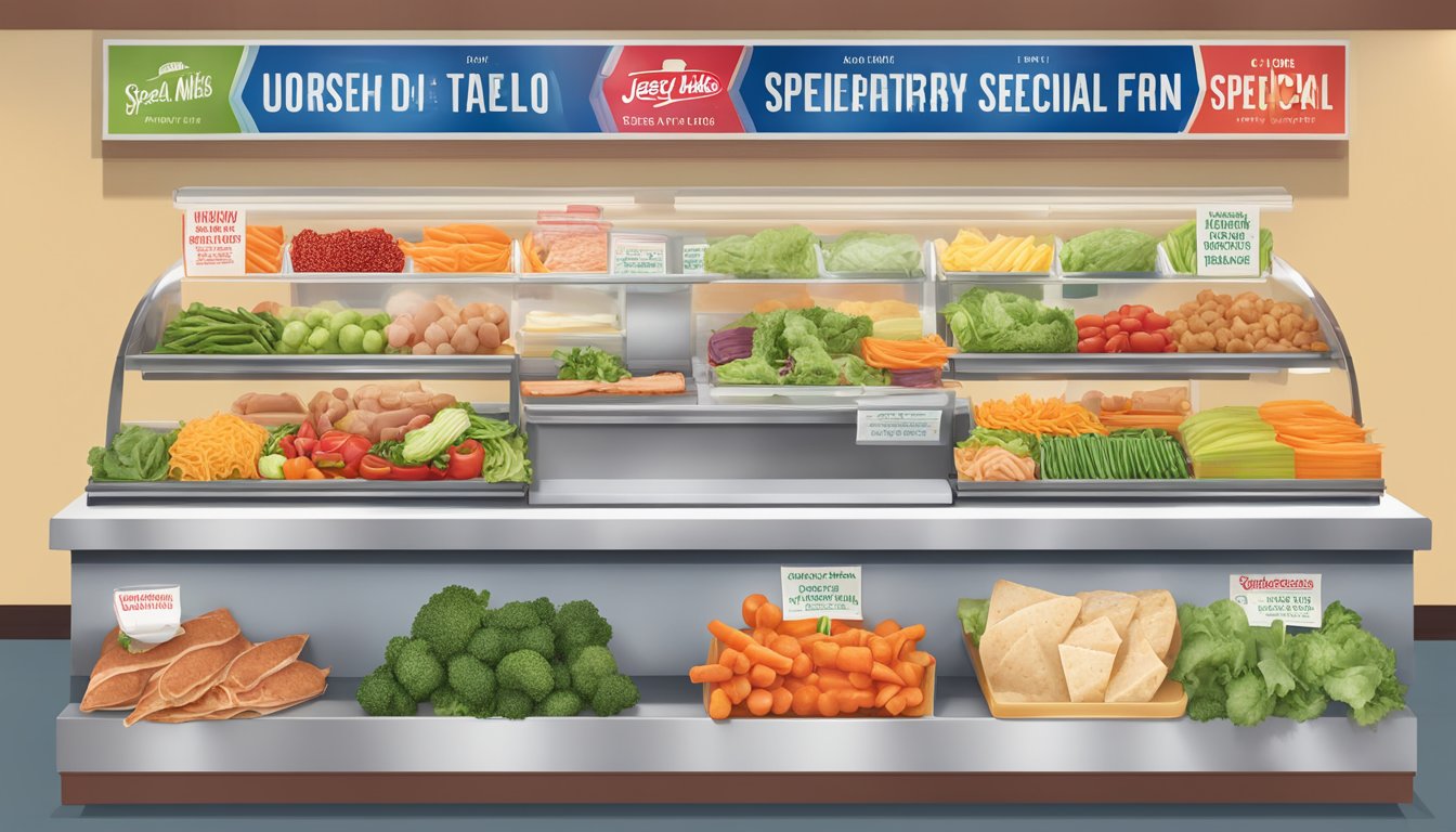 A variety of fresh, colorful vegetables and lean meats displayed on a sandwich bar at Jersey Mike's, with signage indicating healthy, special dietary options available