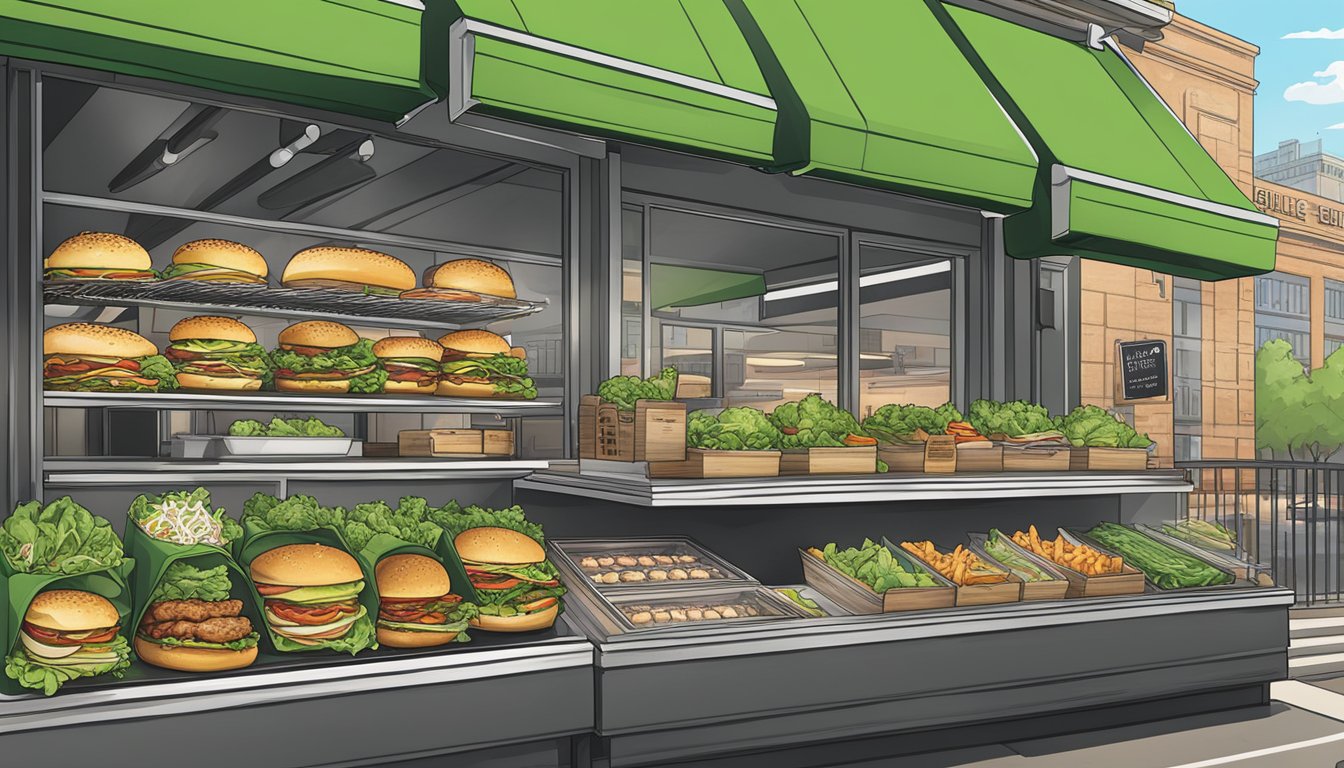 A colorful menu board showcases fresh salads and grilled chicken sandwiches at Shake Shack