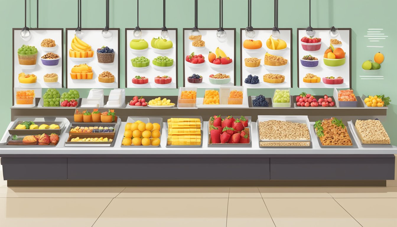 A colorful array of fresh fruits, granola bars, and yogurt parfaits on a clean, modern display at a McDonald's restaurant