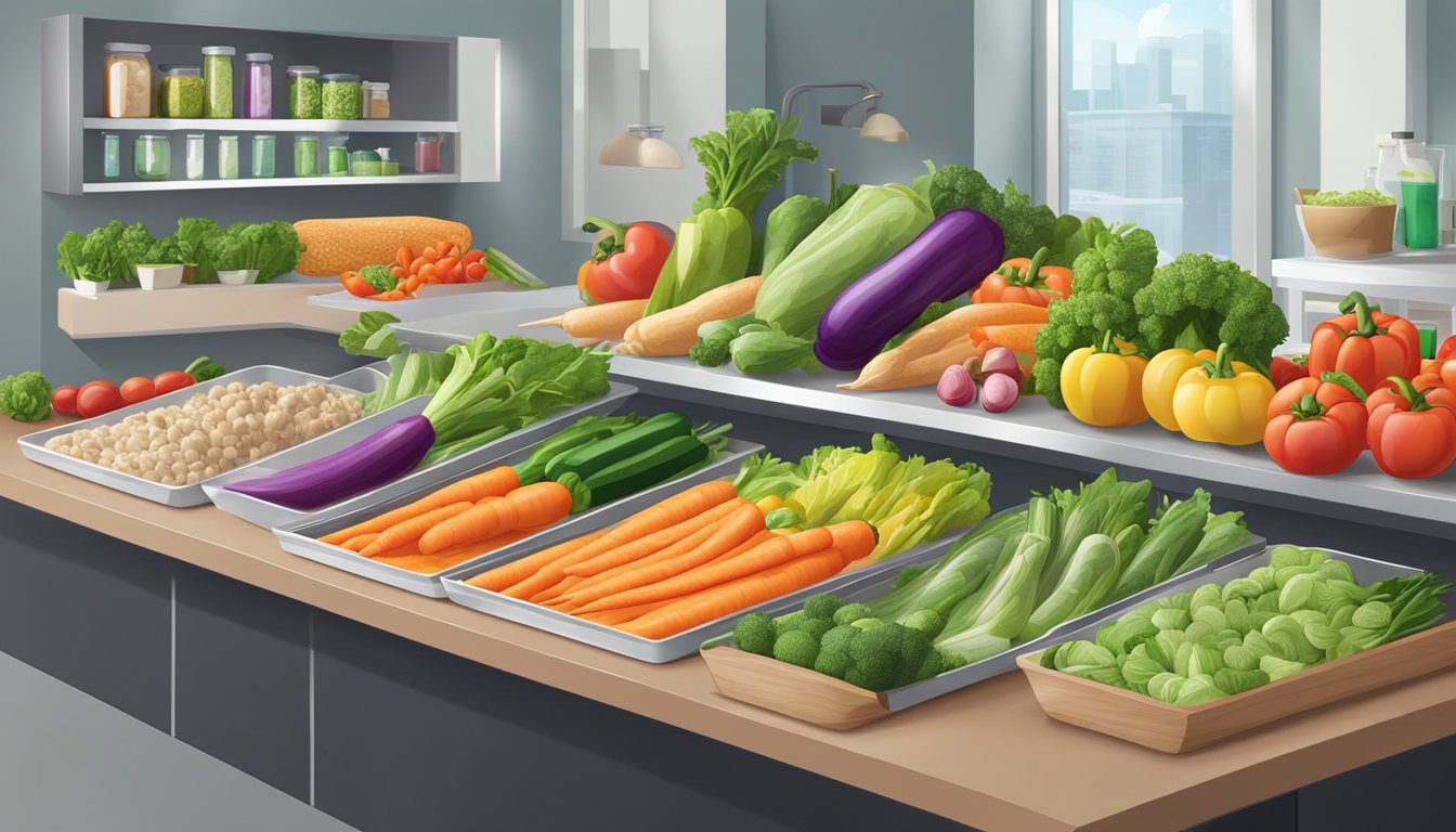 A colorful array of fresh vegetables and lean protein options displayed on a clean, modern counter