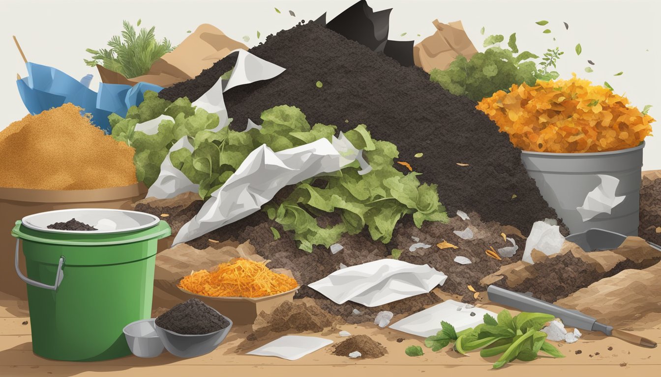 A compost heap with various organic materials, including greaseproof paper, being incorporated into the mix. The paper is breaking down and blending in with the other components