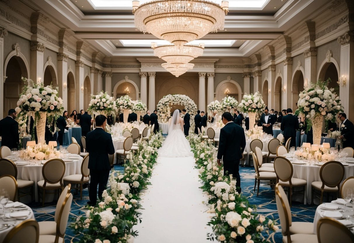A grand wedding venue with elaborate decor, floral arrangements, and a luxurious banquet spread, surrounded by bustling vendors and staff