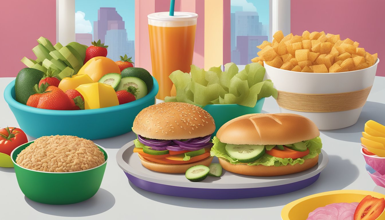 A colorful array of fresh fruits and vegetables alongside grilled chicken and whole grain buns on a kid-friendly McDonald's menu