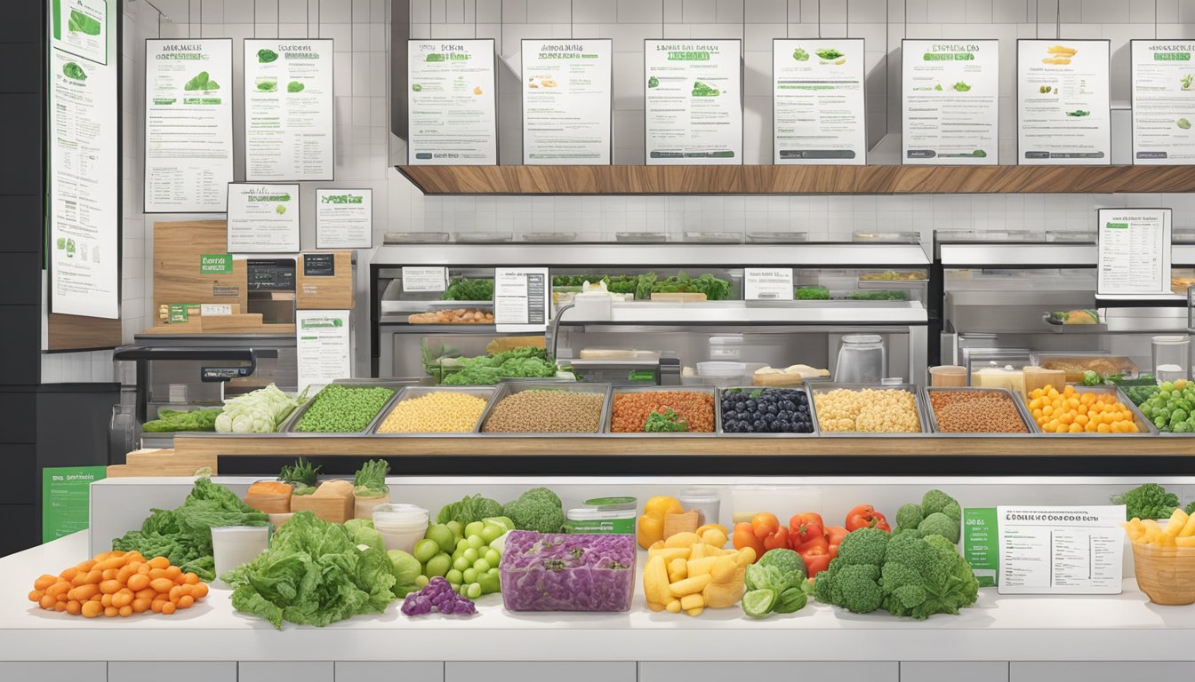 A colorful array of fresh ingredients and nutritional information charts displayed on a clean, modern counter at Shake Shack