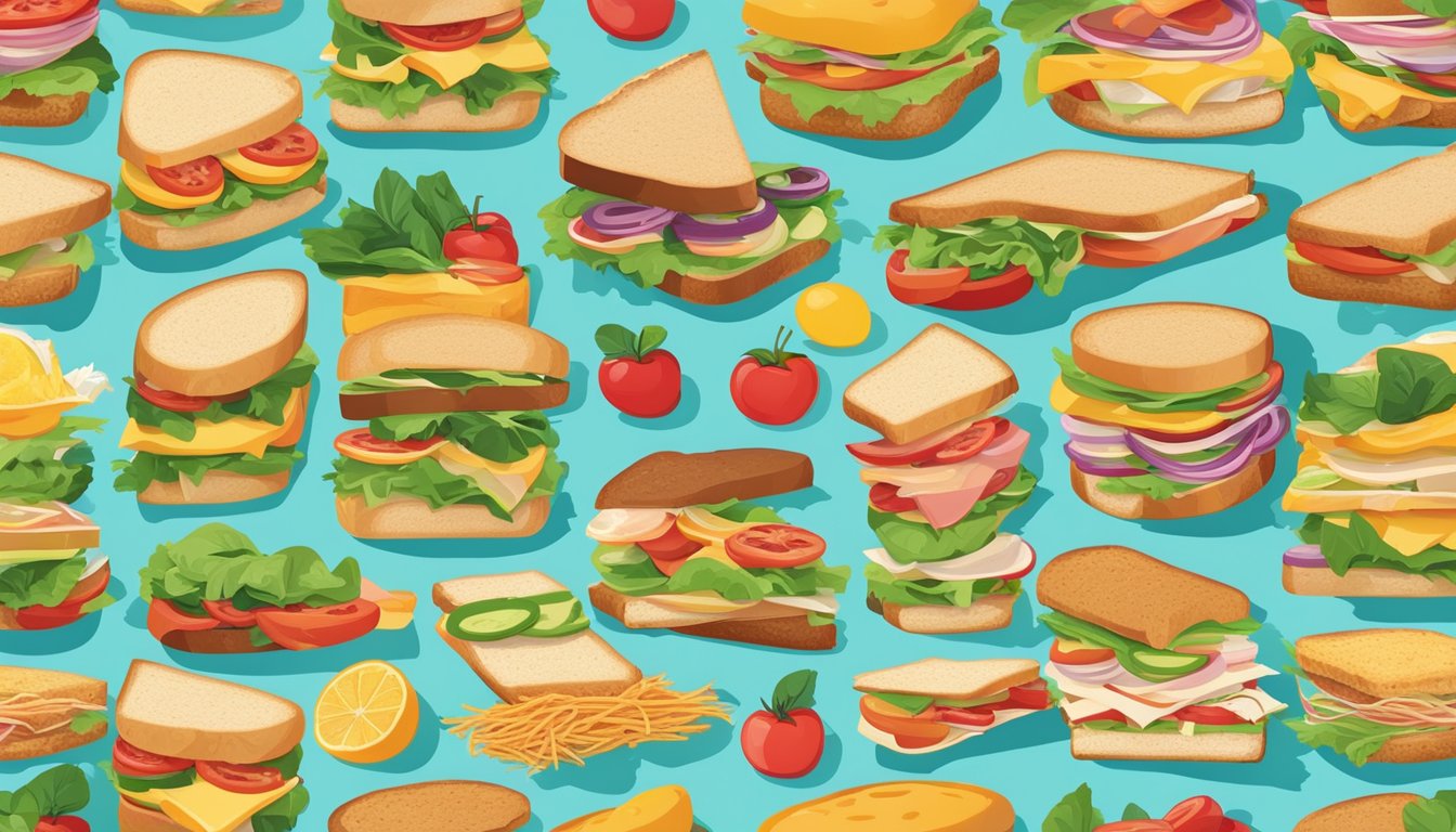 A colorful array of popular sandwiches arranged neatly with fresh ingredients, showcasing their health profiles