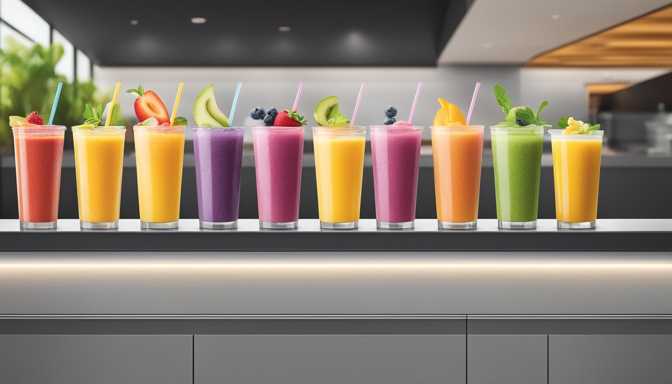 A colorful array of fresh fruit smoothies and salads displayed on a modern, clean menu board at McDonald's