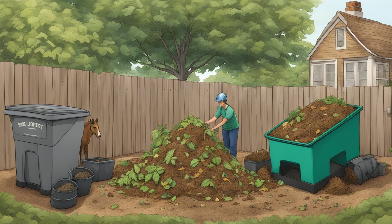 Horse chestnut leaves being added to a compost pile, surrounded by other organic waste and a compost bin