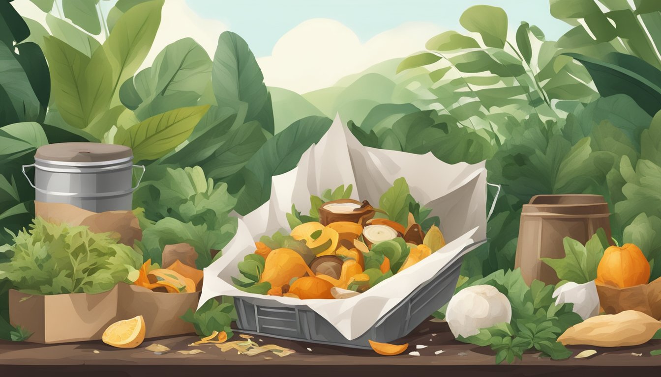 A pile of food scraps and greaseproof paper in a compost bin, surrounded by greenery and earthy tones