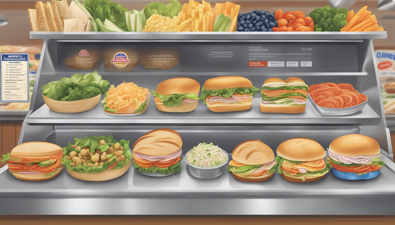 A display of fresh ingredients and nutritional information at a Jersey Mike's counter, with a variety of healthy sandwich options