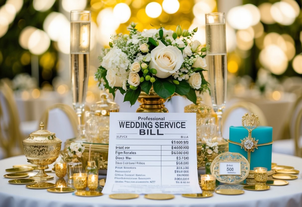 A wedding service bill surrounded by luxury items and extravagant decorations, with a price tag higher than other events