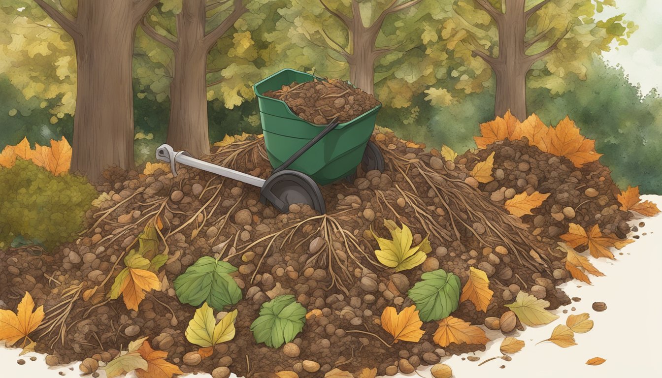 Horse chestnut leaves being mixed into a compost pile, surrounded by other organic material and earthy tones