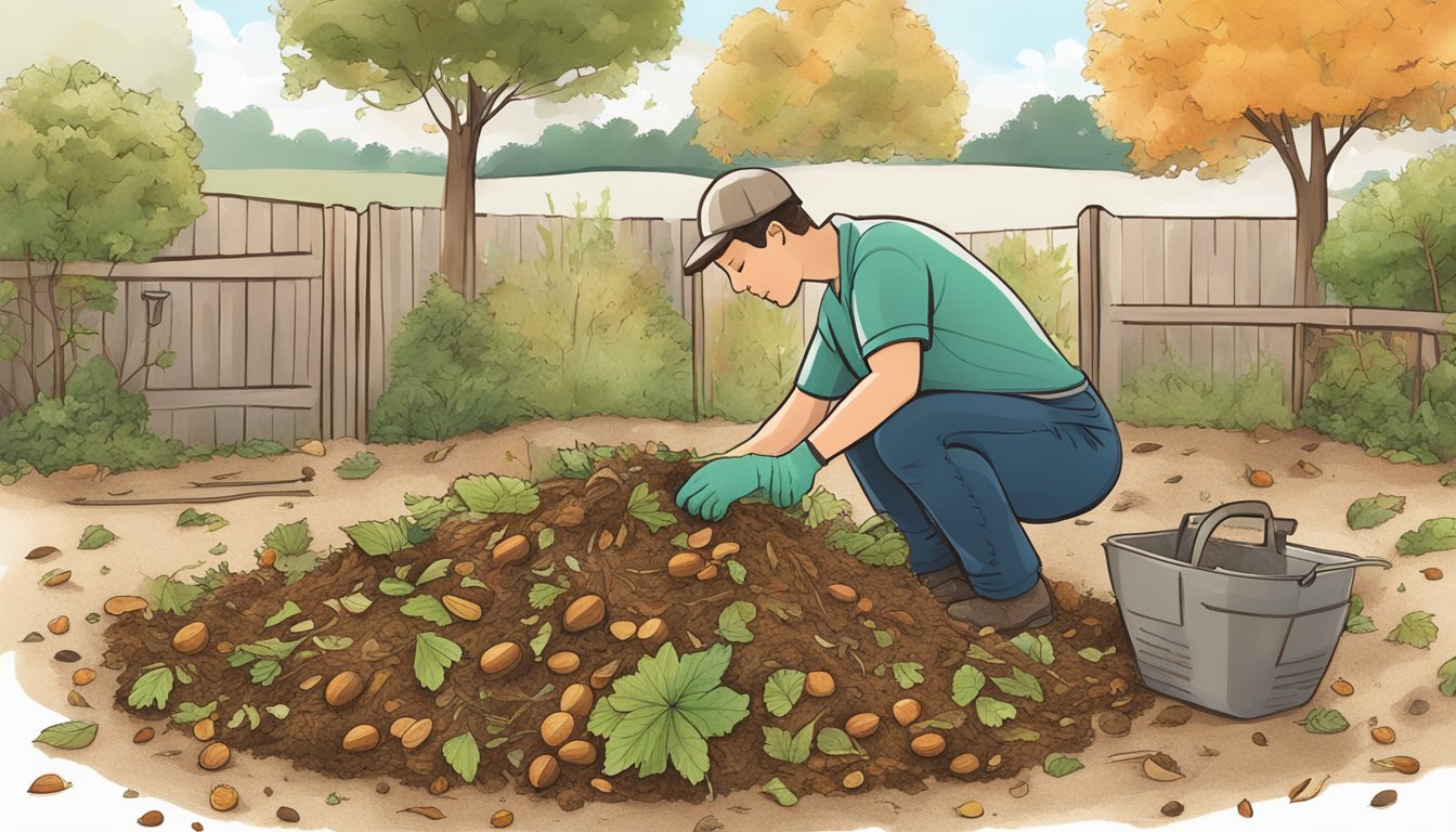 A person adding horse chestnut leaves to a compost pile, surrounded by other organic materials and a pitchfork