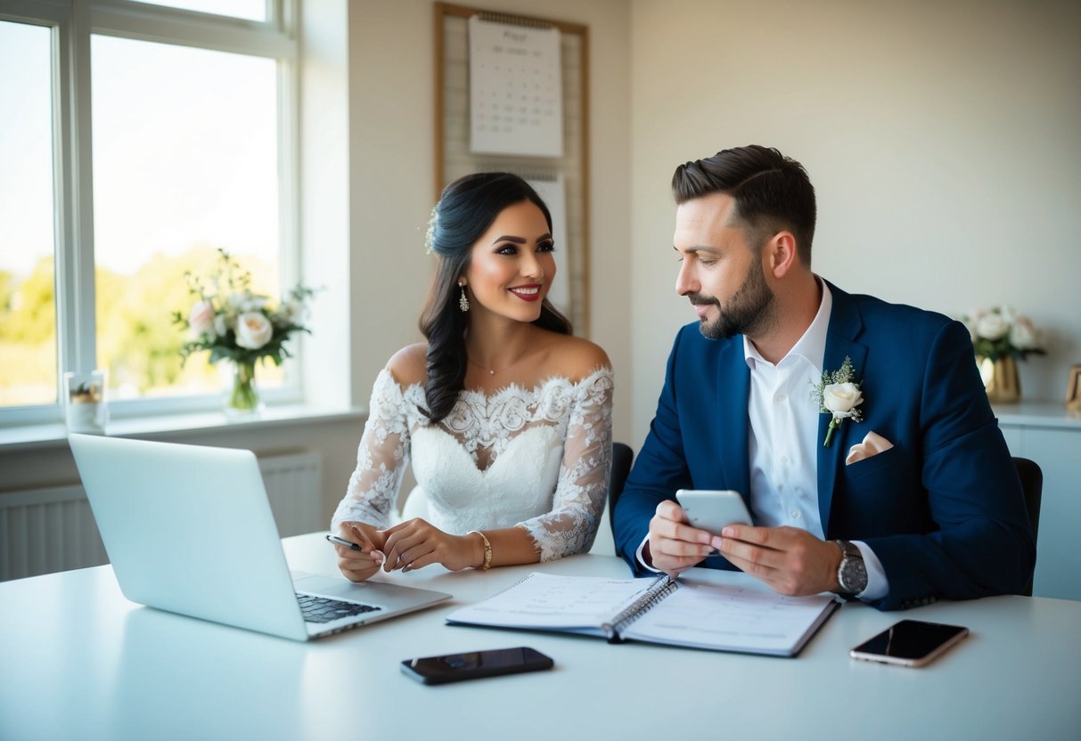 A couple sits at a desk with a calendar, laptop, and phone, discussing wedding details and making notes