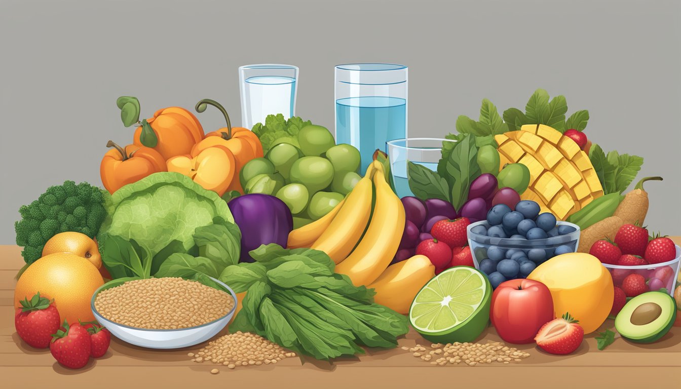 A colorful array of fruits, vegetables, whole grains, and lean proteins arranged on a table, with a glass of water and a measuring tape nearby