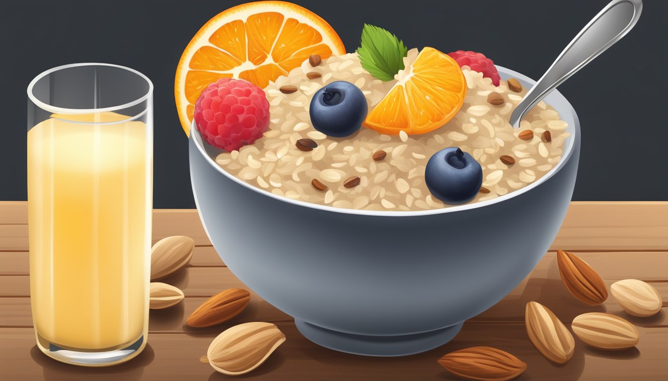 A bowl of oatmeal topped with fresh fruit and nuts sits on a wooden table next to a glass of orange juice and a spoon