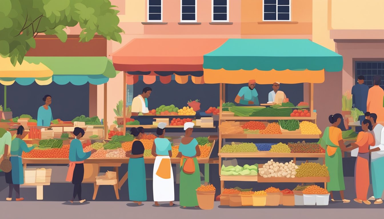 A bustling marketplace with colorful stalls offering a variety of ethnic cuisines and healthy options. Customers sample and purchase fresh produce, spices, and dishes