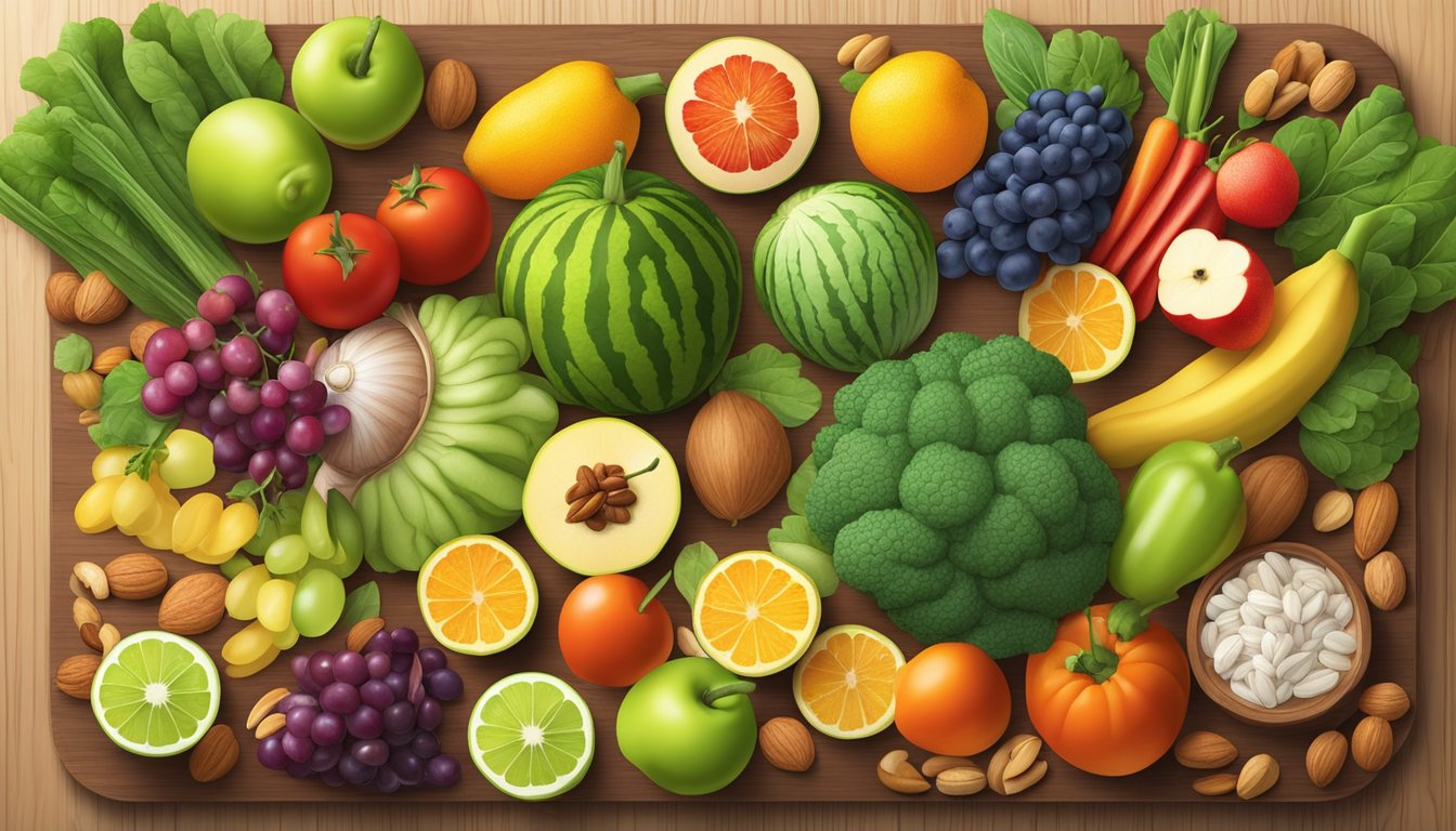 A colorful array of fresh fruits and vegetables arranged on a wooden cutting board, surrounded by a variety of nuts and seeds