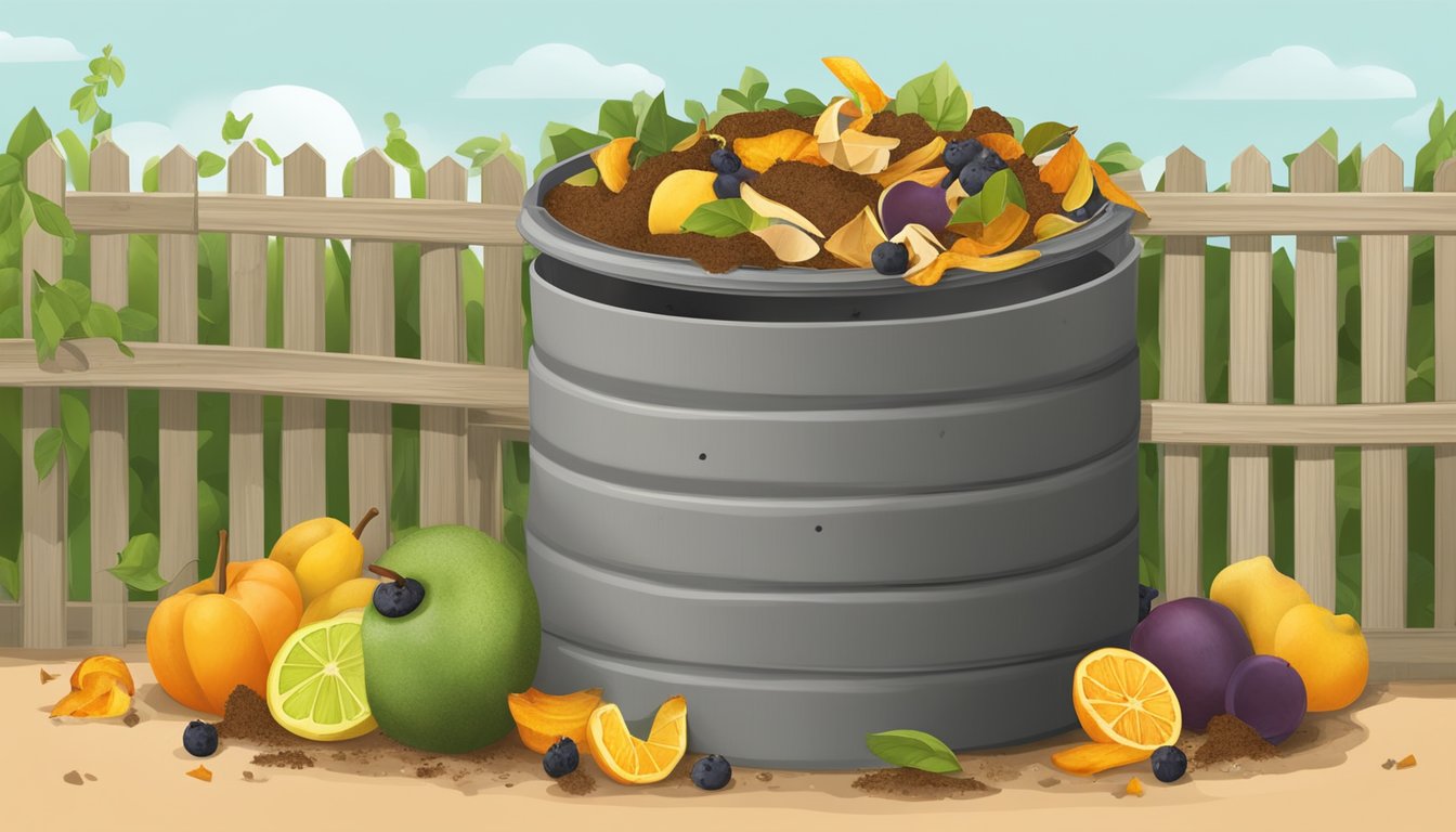 A compost bin with various fruit peels and scraps, surrounded by a barrier to keep pests out. The compost is healthy and thriving