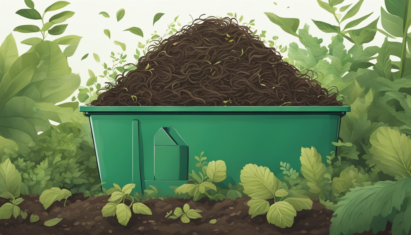 A pile of hair clippings sits in a compost bin surrounded by greenery and soil. The hair slowly breaks down, contributing to the natural cycle of decomposition