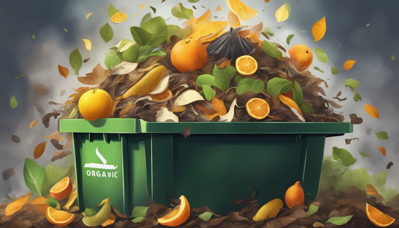 A pile of organic waste, including fruit peels, leaves, and hair, is being turned over in a compost bin. Steam rises from the decomposing material