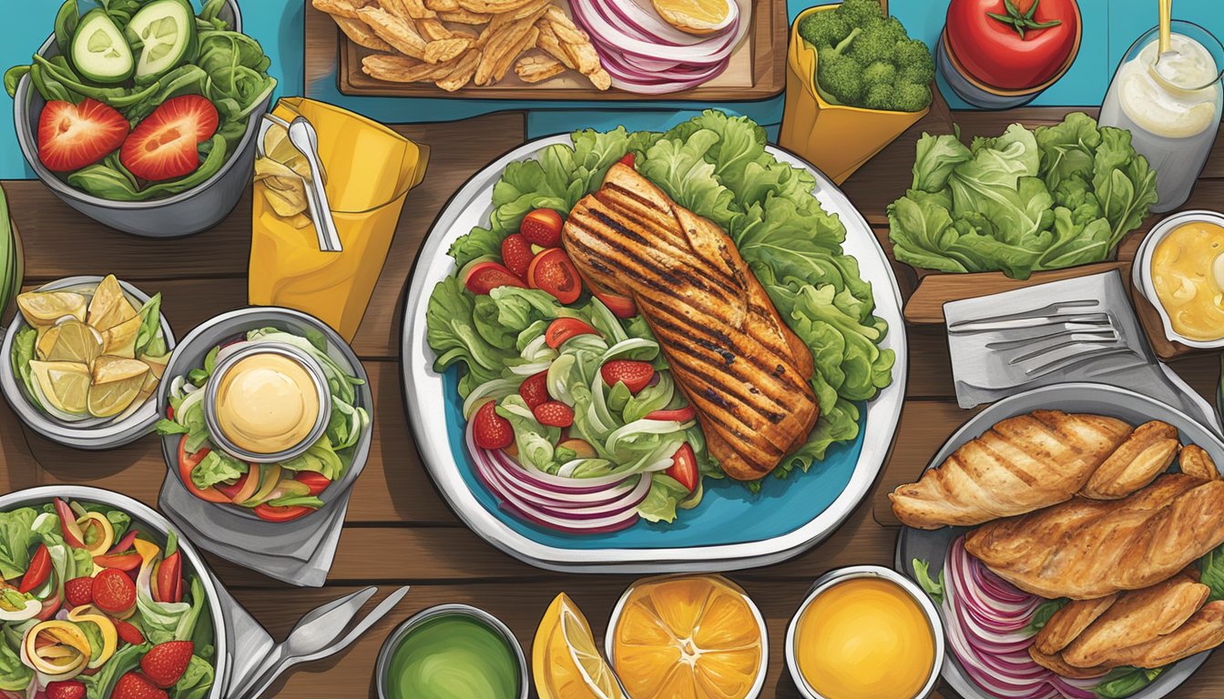 A colorful menu board featuring a variety of healthy options at Portillo's, including salads, grilled chicken, and fresh fruit