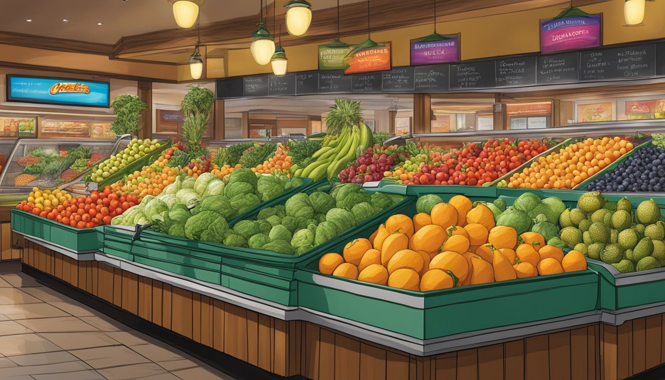 A colorful array of fresh fruits and vegetables displayed in baskets at a Healthier Choices stand inside Portillo's restaurant