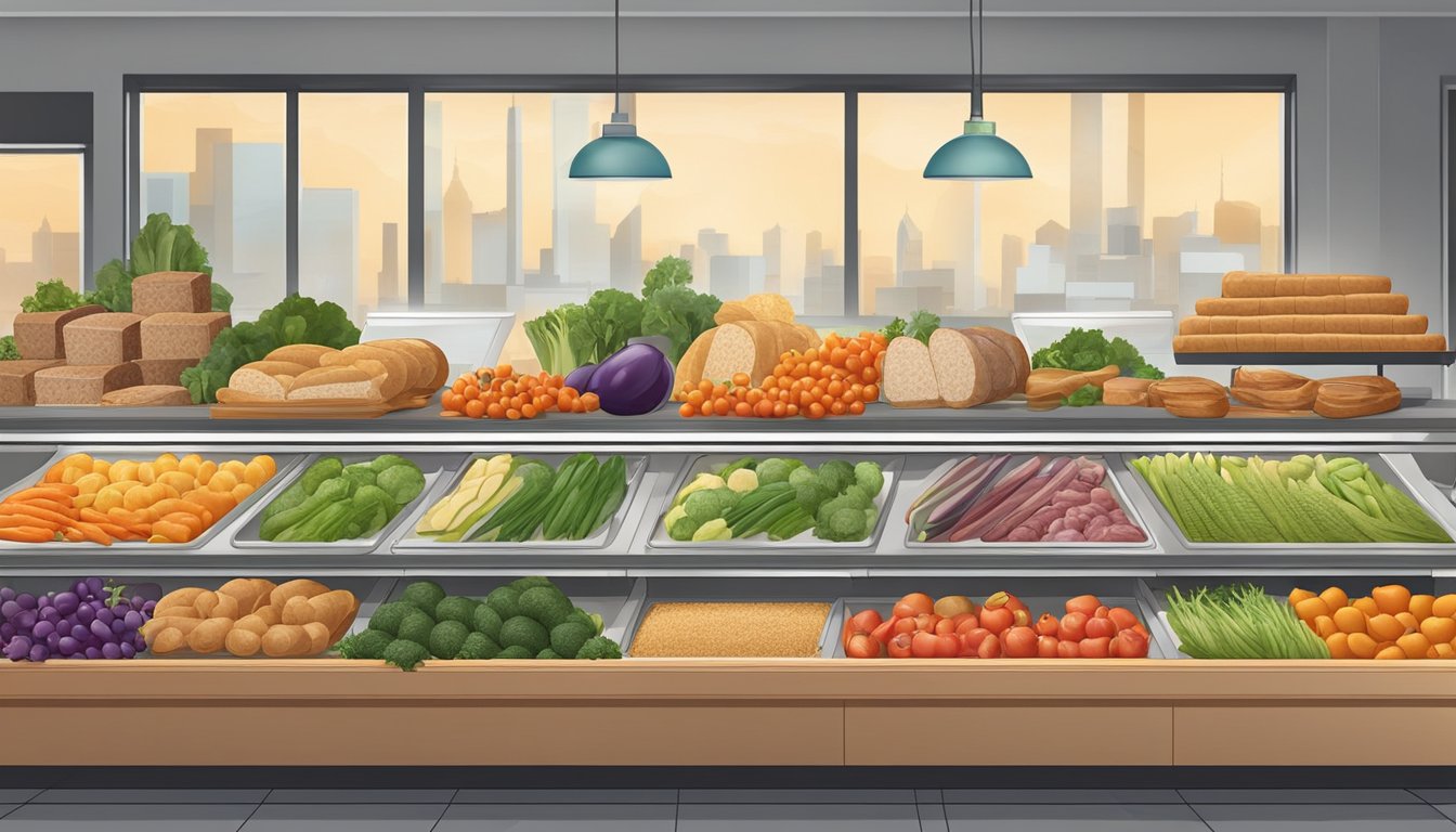 A colorful display of fresh vegetables, lean meats, and whole grain breads arranged on a clean, modern deli counter