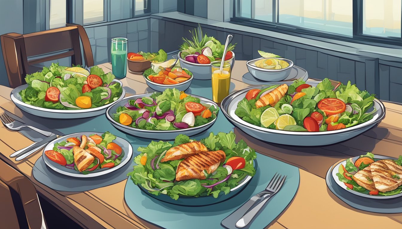 A table set with colorful, fresh salads and grilled fish dishes at various popular chain restaurants