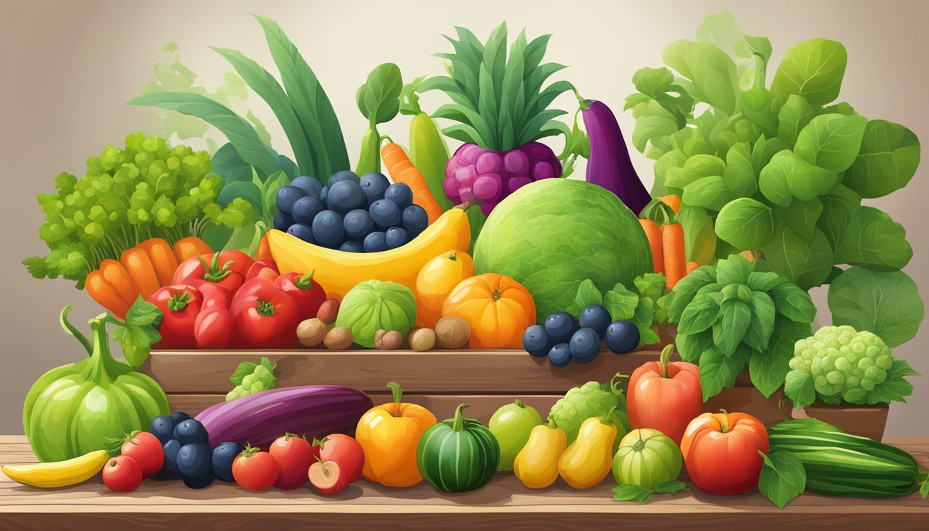 A colorful array of fresh fruits and vegetables arranged on a wooden table, surrounded by vibrant green potted plants