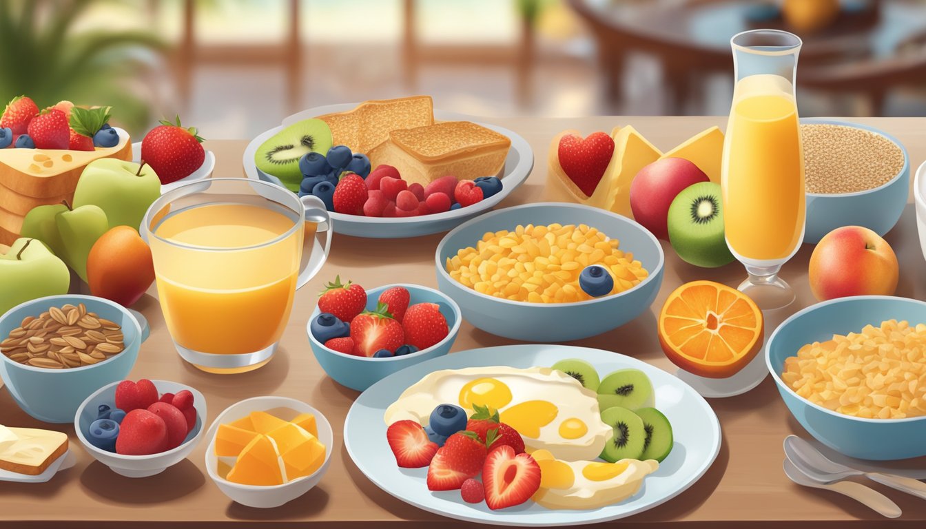 A table set with a colorful array of heart-healthy breakfast options, including fruits, whole grains, and low-fat dairy products, surrounded by a bright and inviting restaurant ambiance