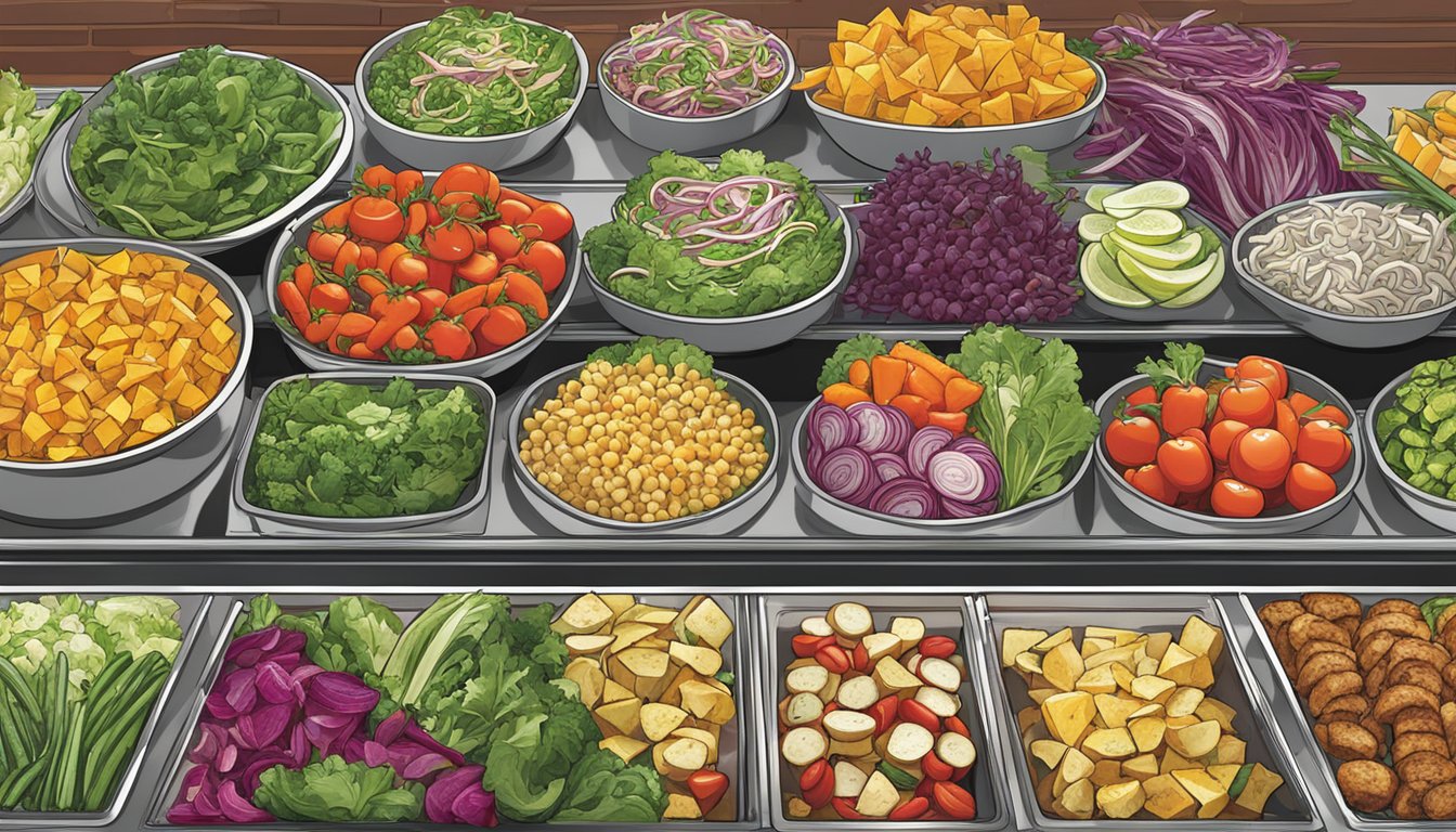 A colorful array of fresh salads, grilled vegetables, and lean protein options displayed on a clean, modern serving counter at Portillo's