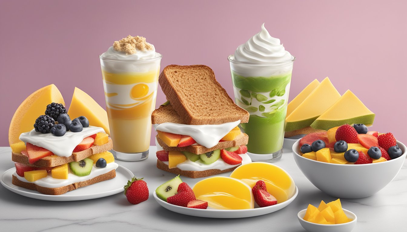 A colorful array of fresh fruits, whole grain toast, and yogurt parfaits displayed alongside protein-packed egg and veggie combos at Hardee's breakfast