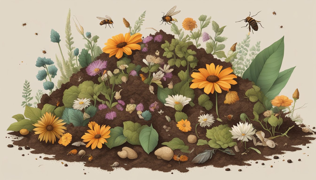 A pile of decaying flowers surrounded by a mix of brown and green organic materials, with worms and insects breaking down the compost