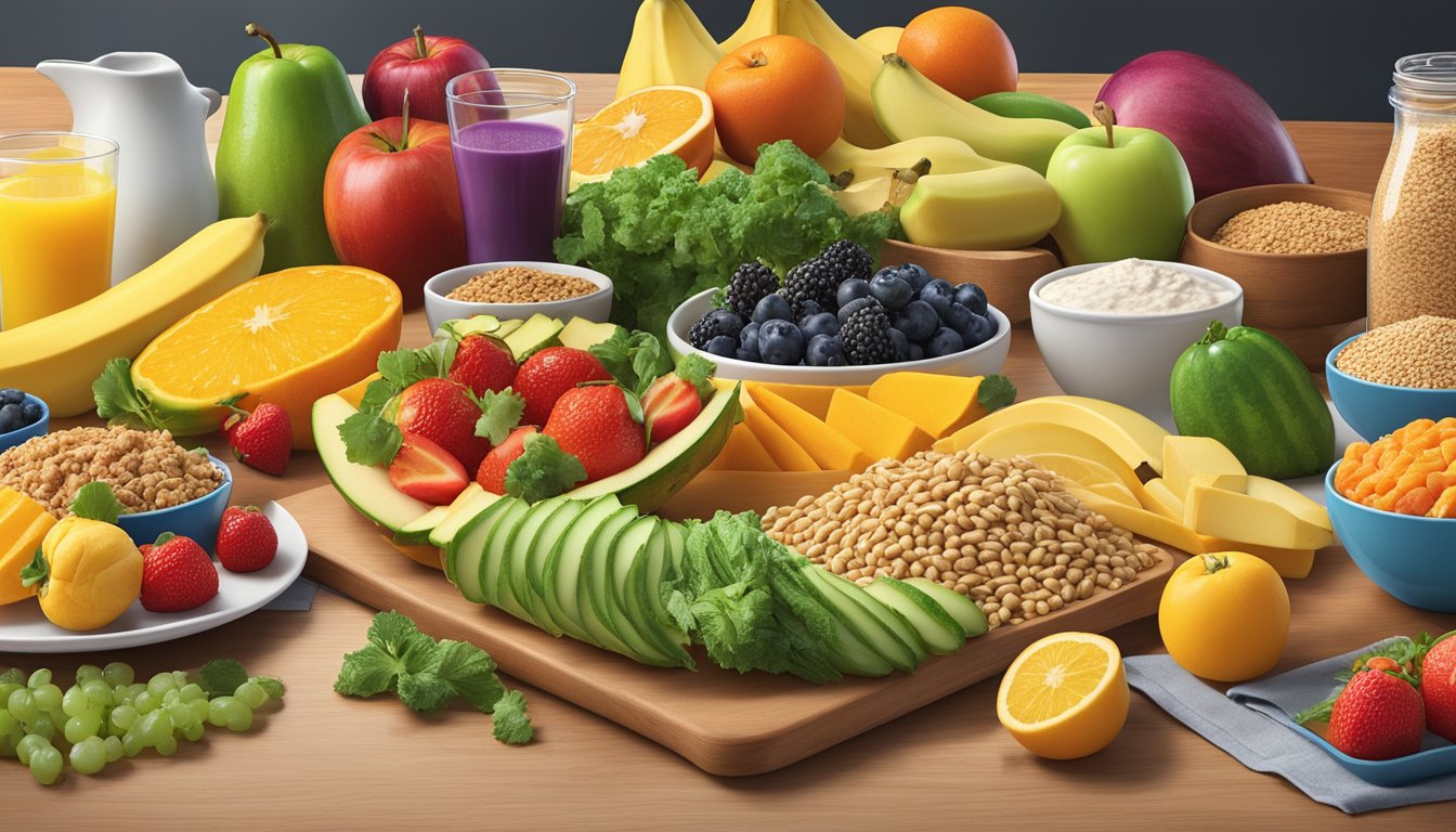 A colorful array of fresh fruits, vegetables, and whole grains displayed on a breakfast table at Hardee's, showcasing their vegetarian and fiber-rich alternatives