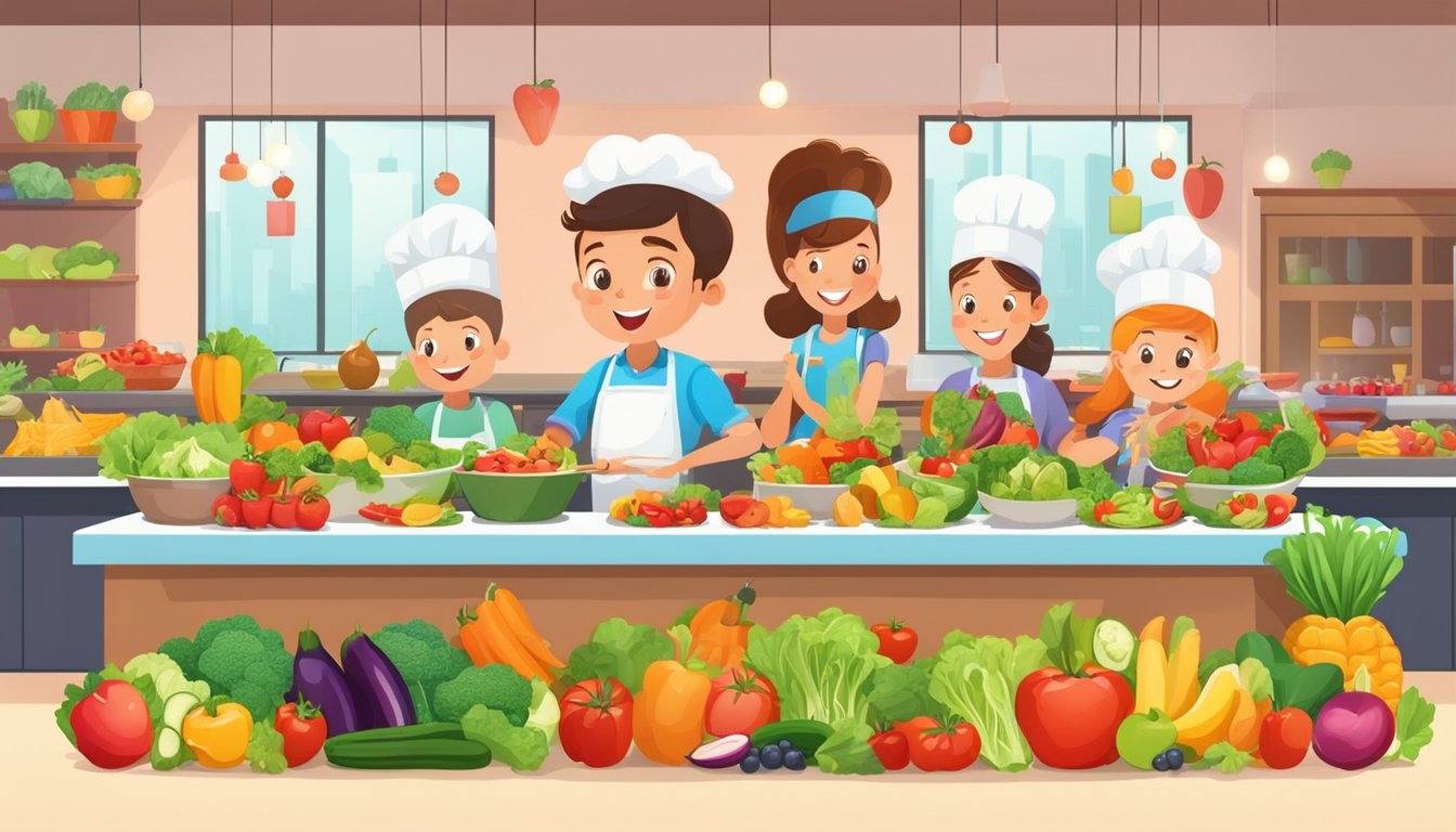 A colorful salad bar with fresh fruits and vegetables, a cheerful chef cooking heart-healthy meals, and happy children enjoying nutritious meals