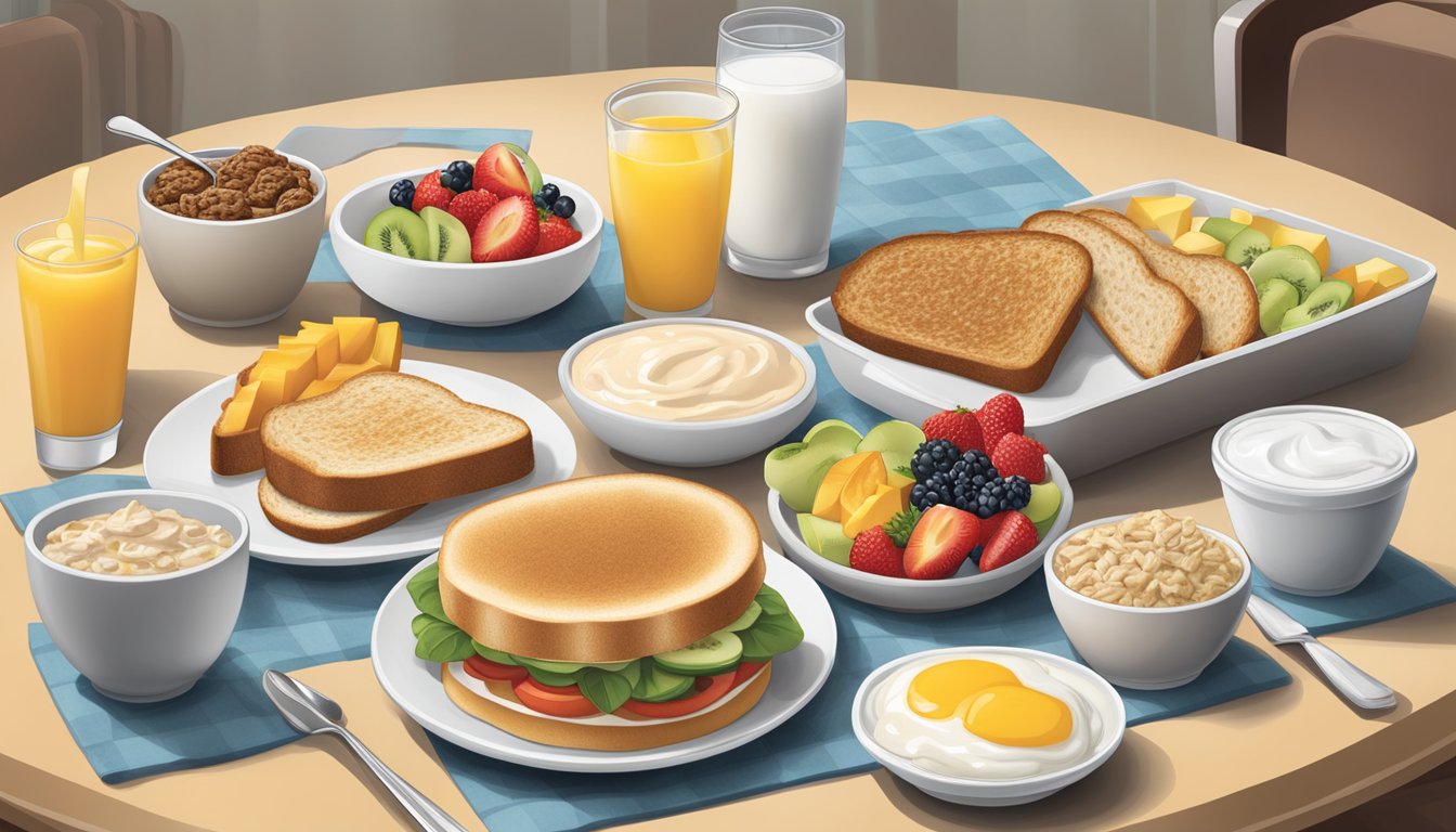 A table set with a variety of reduced-fat and low-sugar breakfast options at Hardee's, including yogurt, fruit, oatmeal, and whole grain toast