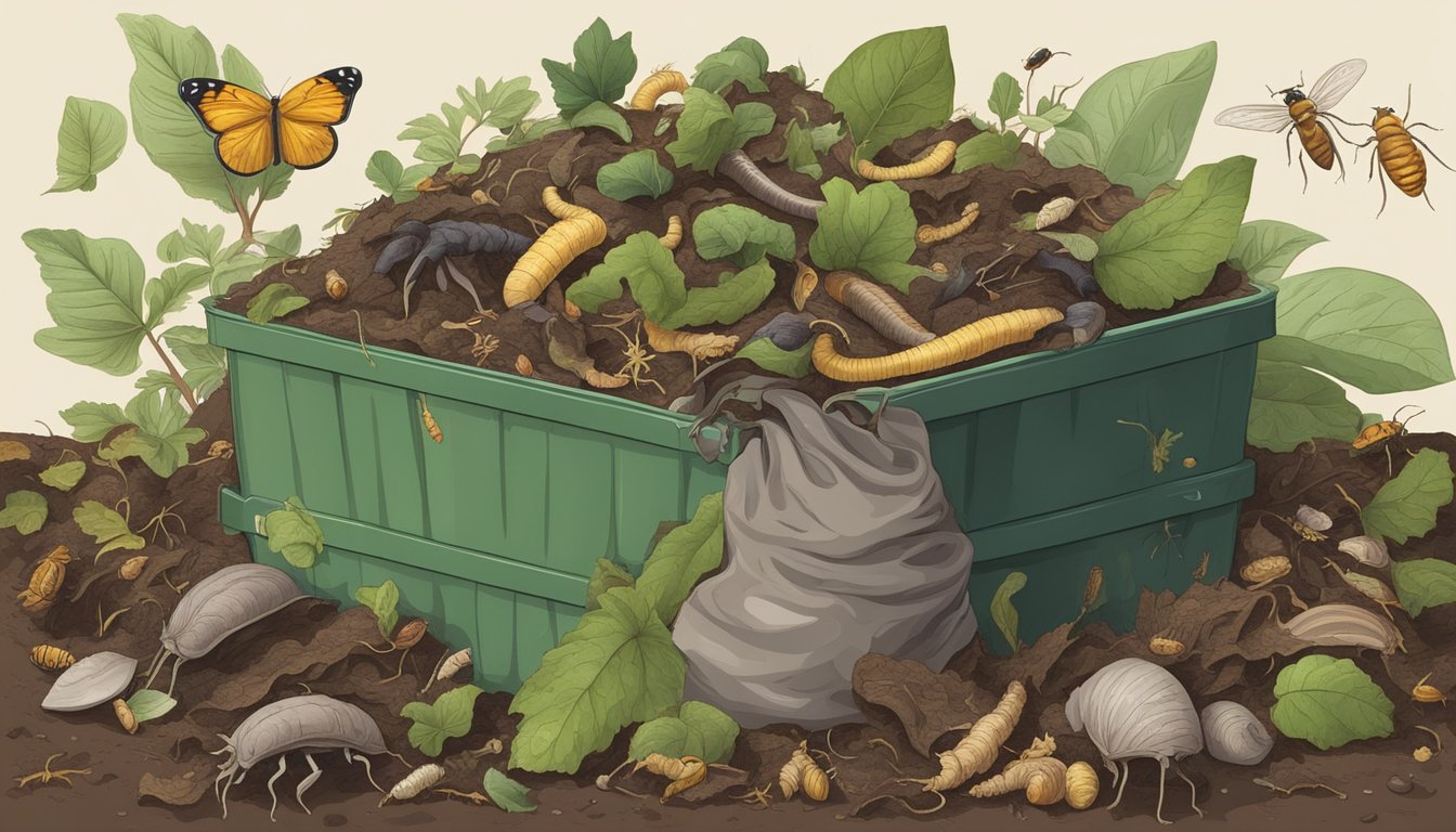 A pile of fig leaves and other organic waste decomposing in a compost bin, surrounded by earthworms and other small insects