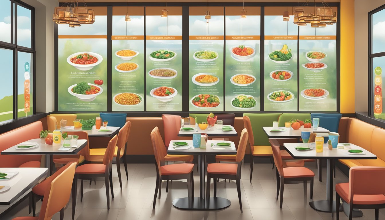 A restaurant window displaying heart-healthy certification logos and endorsements from reputable health organizations. Tables set with fresh, colorful, and nutritious meals