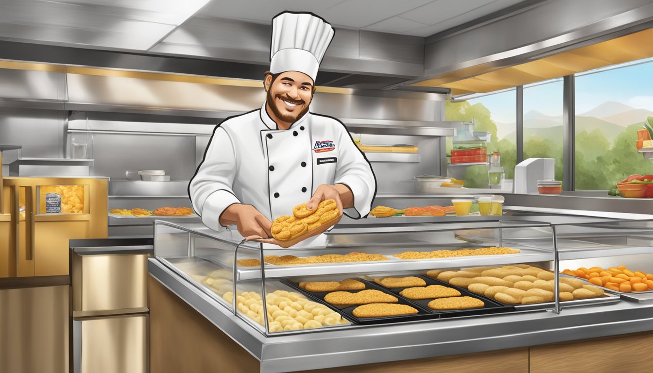 A chef adds fresh vegetables and lean protein to a display of golden, made-from-scratch biscuits at a Hardee's breakfast counter