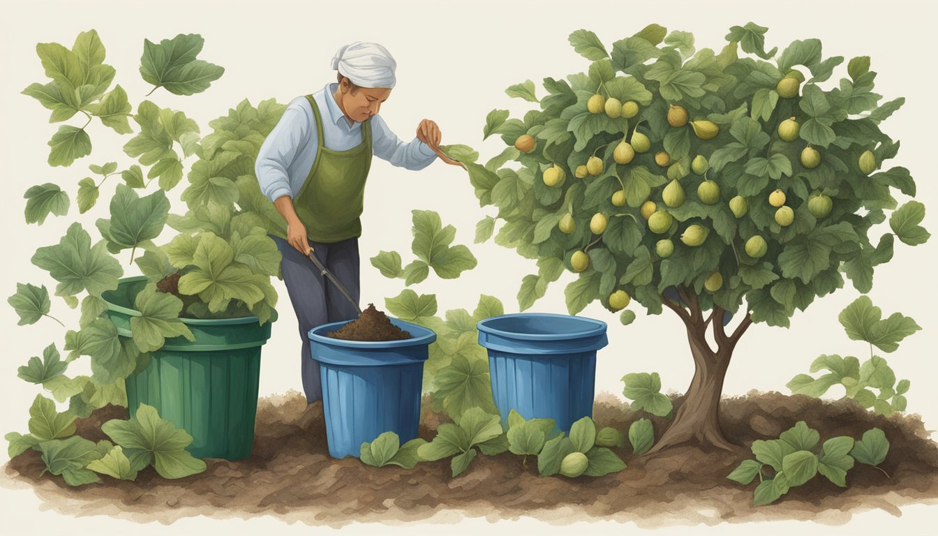 A figure gathering fig leaves from a tree, then arranging them in a compost bin