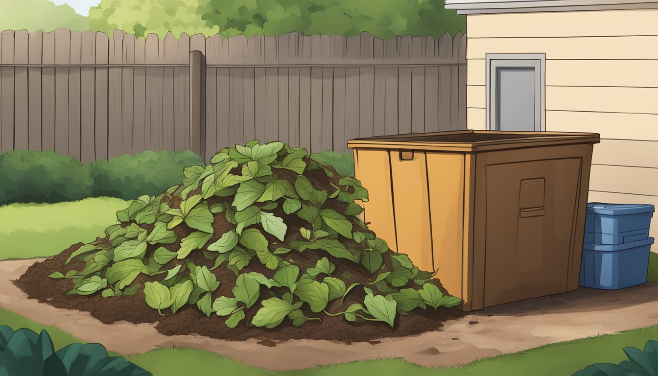 A pile of fig leaves and other organic waste being added to a compost bin in a backyard garden