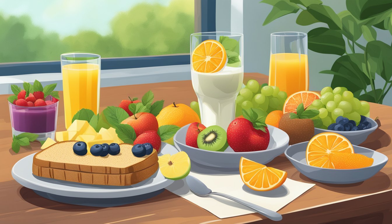 A colorful array of fresh fruits, whole grain toast, and yogurt parfait on a table, with a glass of orange juice, all surrounded by vibrant greenery