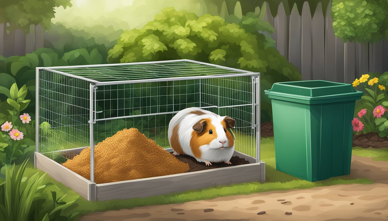 A guinea pig cage with a pile of compostable waste and bedding material next to a compost bin in a backyard garden