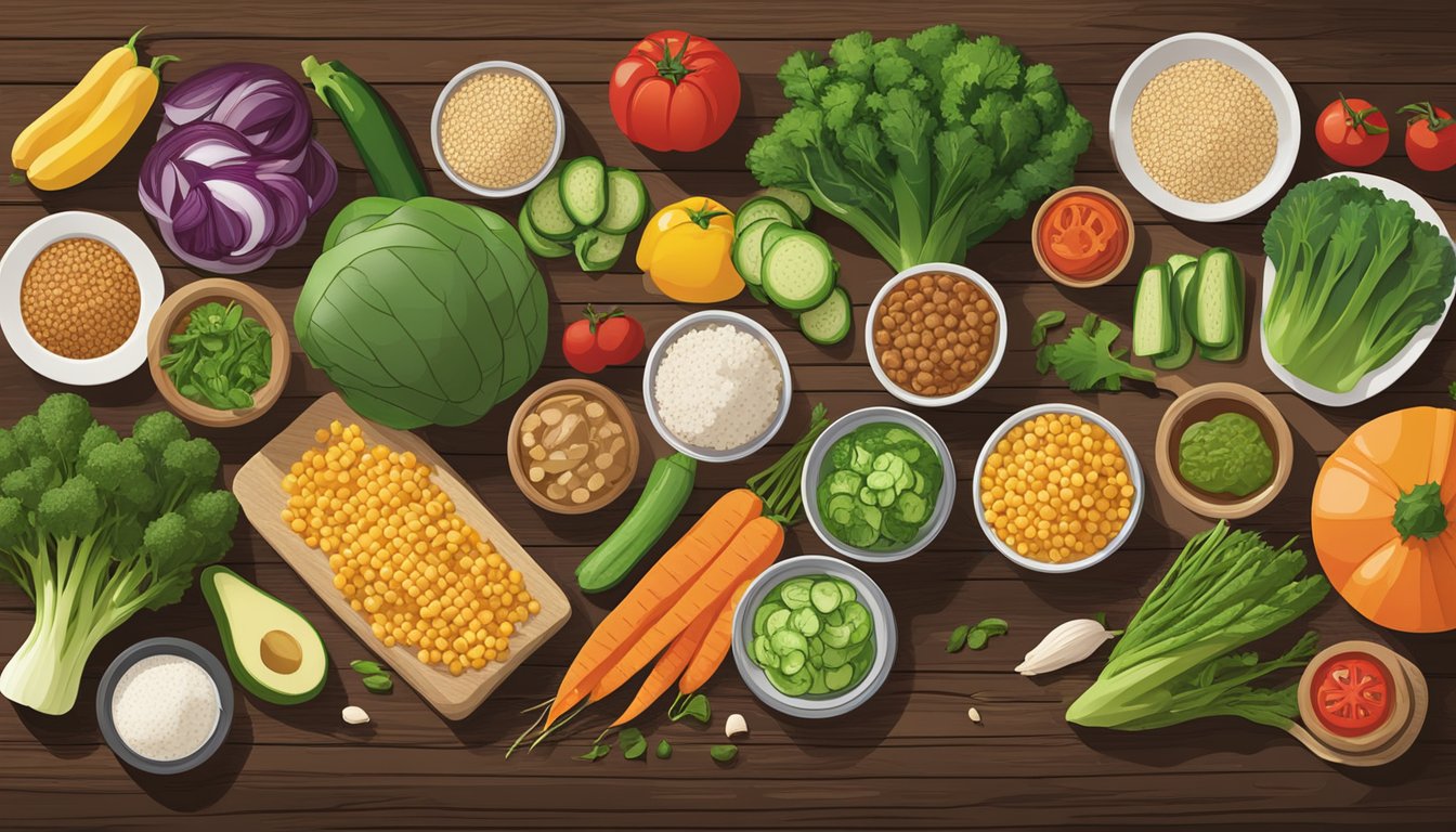 A colorful array of fresh vegetables, lean proteins, and whole grains displayed on a rustic wooden table at Carrabba's, showcasing their healthy menu options