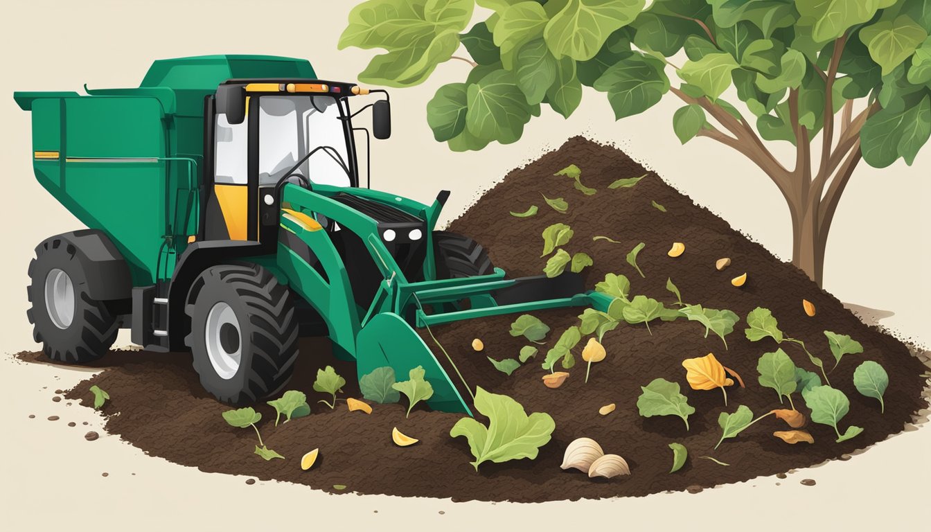 A compost pile with fig leaves, vegetable scraps, and soil, being turned with a pitchfork