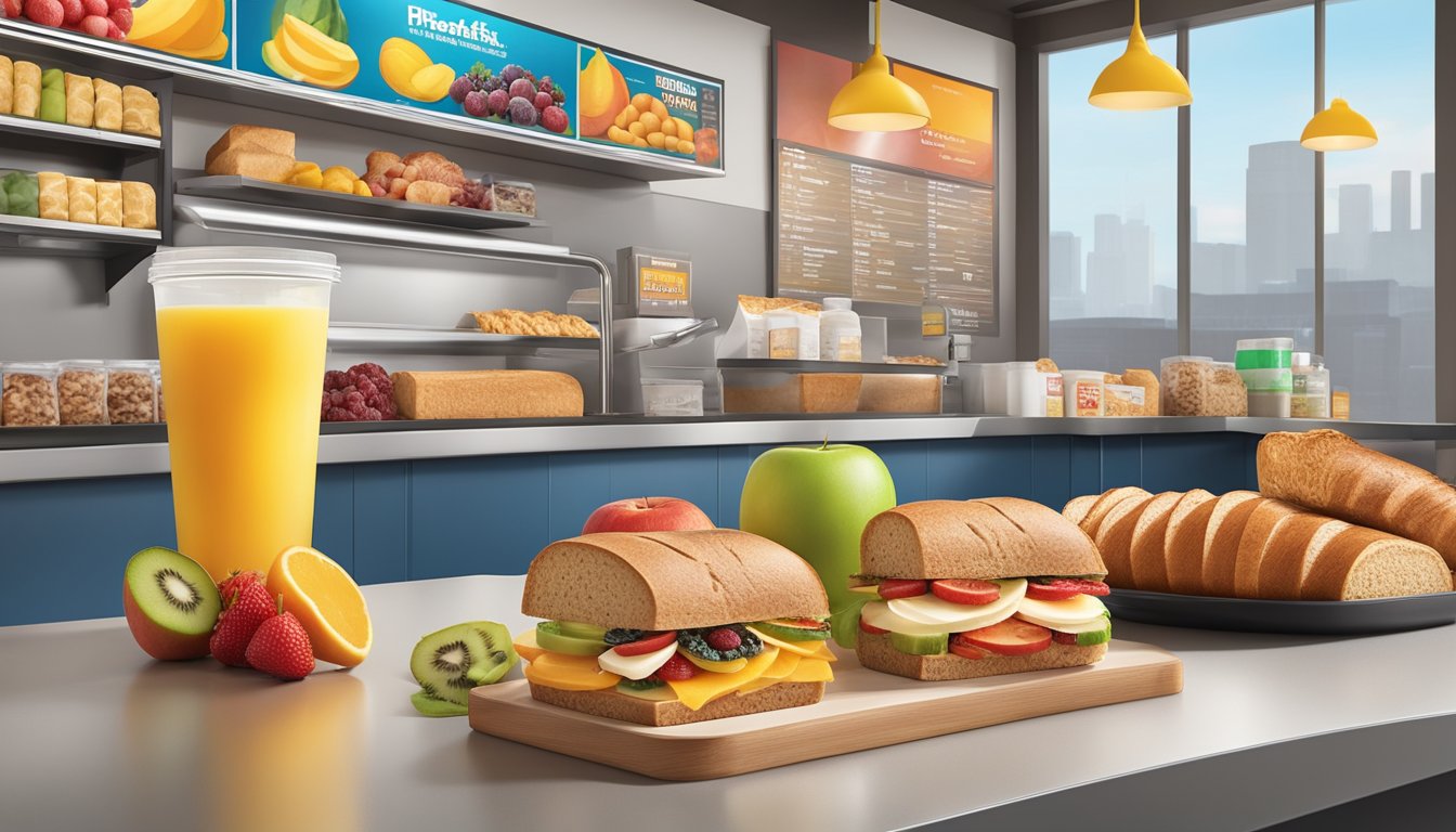 A colorful display of fresh fruits, whole grain bread, and lean protein options arranged on a clean, modern countertop at a Hardee's breakfast counter