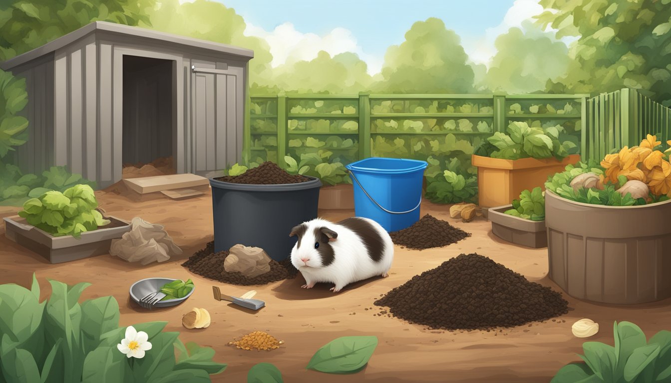 A pile of compostable materials, including guinea pig poop and bedding, surrounded by a garden fork and compost bin